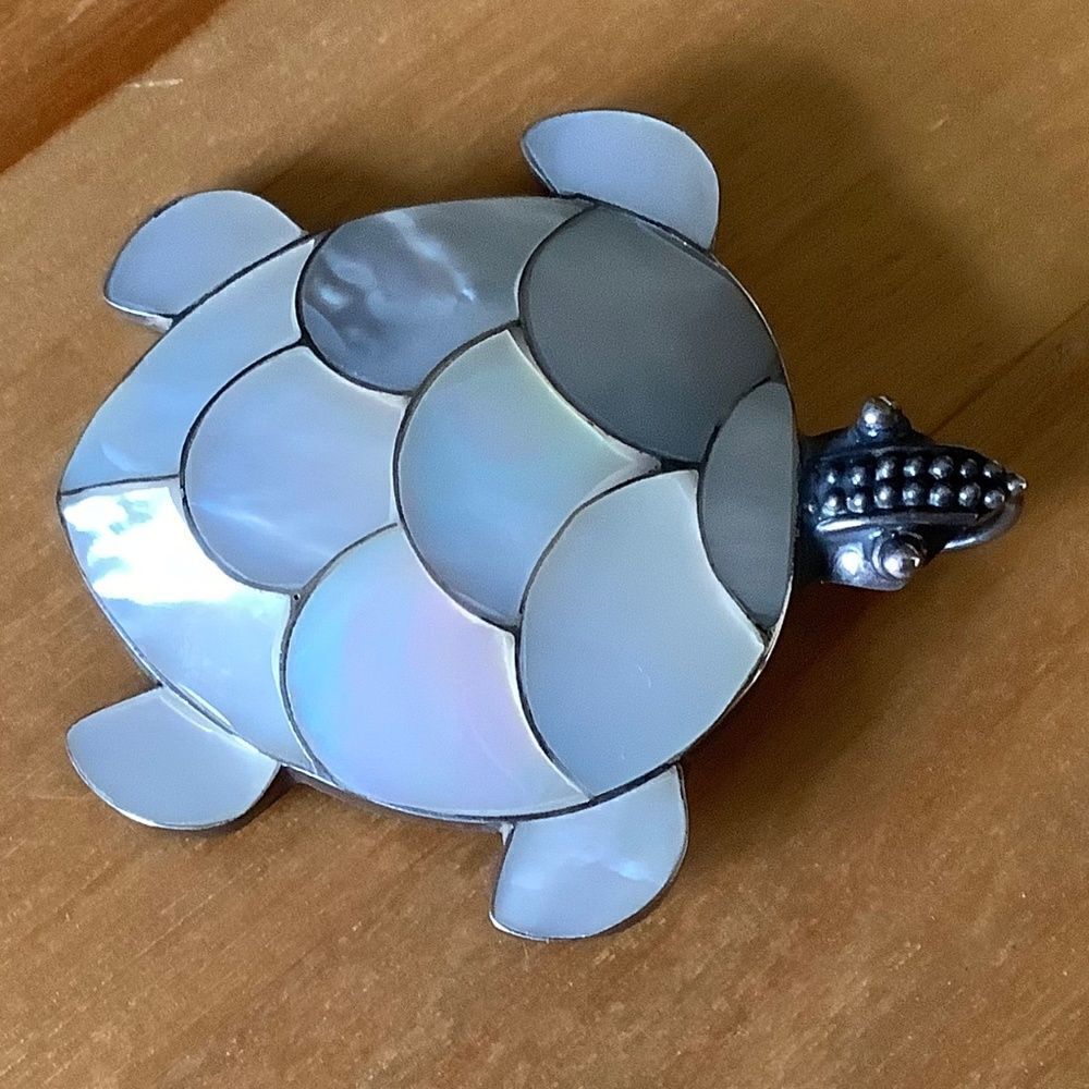 𝅺sterling SILVER 925 MOTHER OF PEARL TORTOISE SHELL LARGE PENDANT​​ - Picture 6 of 8